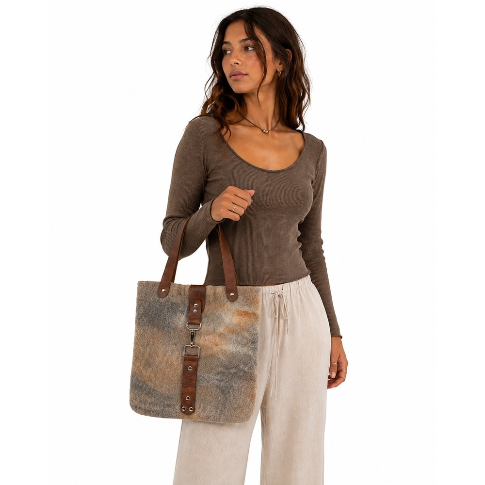 Felted Shoulder Tote Bag 12x12 Brown Strap Abstract Neutral Boho Artsy Rustic